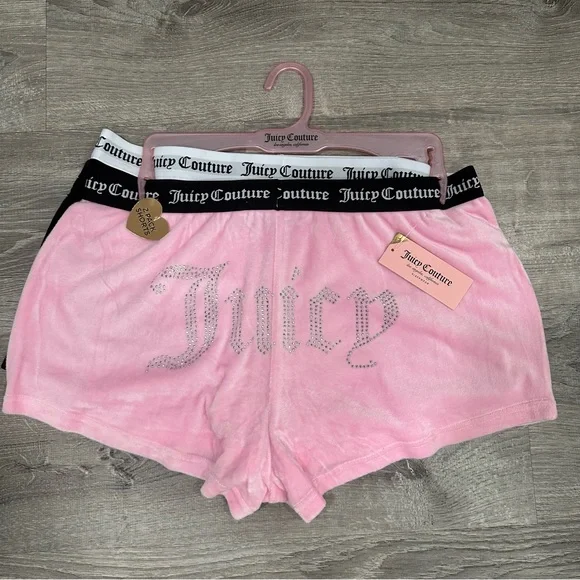 NEW Juicy Couture Bling Logo Soft Velour BOOTY Shorts 2pack pink black Y2k